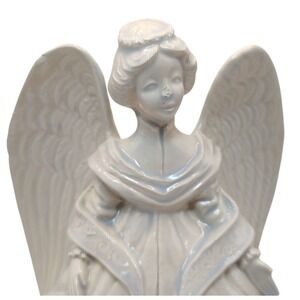 Vintage Ceramic Angel Statue Figurine Dress Ivory Blue‎ 1990s Handmade SEE